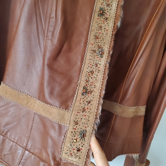 Vtg Y2K Cache Lamb Leather Fur Trim Sueded Gemstone Jacket Size Medium - Picture 13 of 16